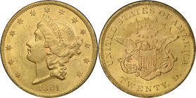 1861 Liberty Head Double Eagle. MS-62 (PCGS). CAC.
PCGS# 8932. NGC ID: 269G.
From the Fairmont Collection - Albertine Set.
From the Fairmont Collec...