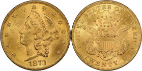 1873 Liberty Head Double Eagle. Open 3. MS-63 (PCGS).
PCGS# 8967. NGC ID: 26AH.
From the Fairmont Collection - Albertine Set.
From the Fairmont Col...