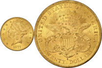 1877-S Liberty Head Double Eagle. MS-62 (PCGS).
PCGS# 8984. NGC ID: 26B2.
From the Fairmont Collection - Albertine Set.
From the Fairmont Collectio...