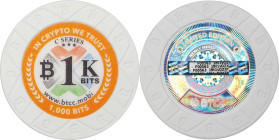 2016 BTCC "Poker Chip" 0.001 Bitcoin. Loaded. Firstbits 1Bt1vDZXT. Serial No. F00563. Series C. Clay Composite. MS-69 (PCGS).
PCGS# 911723.
PCGS Pop...