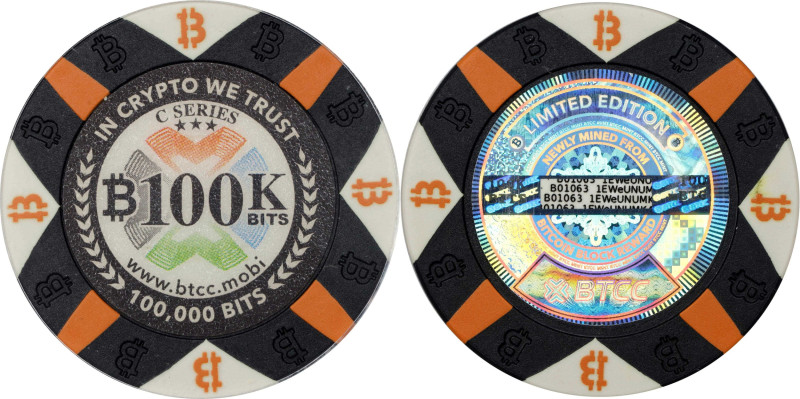 2016 BTCC "Poker Chip" 0.1 Bitcoin. Loaded. Firstbits 1EWeUNUMK. Serial No. B010...