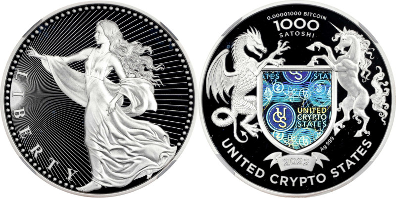 2022 United Crypto States "Liberty" 0.00001 Bitcoin. Loaded. Silver. Proof-70 Ul...