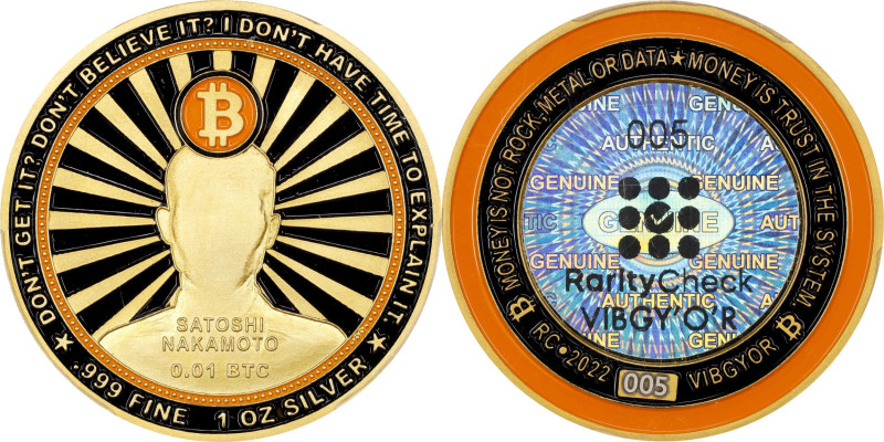 Unfunded 2022 Rarity Check "VIBGYOR" 0.01 Bitcoin. Serial No. 5. Orange Variety....