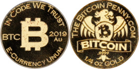 2019 Bitcoin Penny Co. Bitcoin-Themed Gold Token. Eagle Facing Right. 1/4oz .999 Fine Gold. MS-67 PL (ICG).