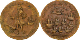 1739 Admiral Vernon Medal. Porto Bello with Vernon's Portrait and Icons. Adams-Chao PBvi 5-E, M-G 96. Rarity-5. Pinchbeck. Extremely Fine, Corroded.
...