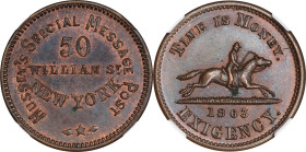 NEW YORK. New York. 1863 Hussey's Special Message Post. Fuld-630AK-1a. Rarity-1. Copper. Plain Edge. MS-62 BN (NGC).
