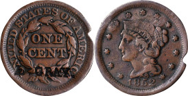 L. GRAY. on the reverse of an 1852 Braided Hair cent. Brunk-Unlisted, Rulau-Unlisted. Host coin Fine, Edge Damage.