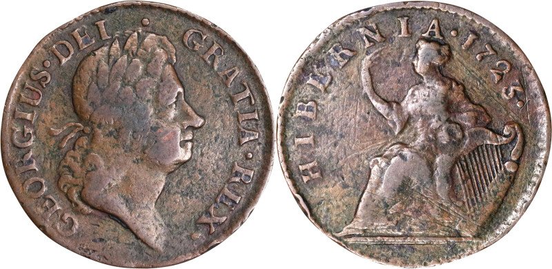 1723 Wood's Hibernia Halfpenny. Martin 4.101-Gc.36, W-13120. Rarity-5. Very Fine...