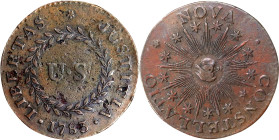 1783 Nova Constellatio Copper. Crosby 2-B, W-1865. Rarity-2. CONSTELLATIO, Pointed Rays, Small U.S. About Uncirculated, Cleaned, Reverse Pitted.
PCGS...