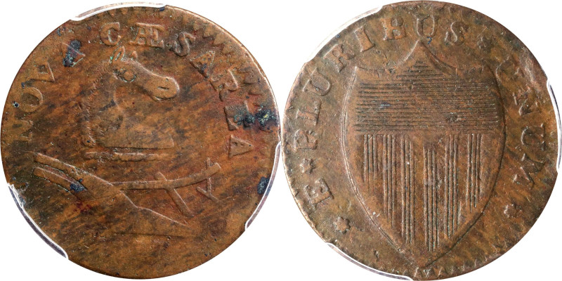 1787 New Jersey Copper. Maris 43-d, W-5225. Rarity-1. No Sprig Above Plow, Bulbo...