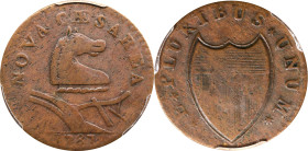 1787 New Jersey Copper. Maris 48-g, W-5275. Rarity-1. No Sprig Above Plow, Batman Shield. VF-30 (PCGS).
PCGS# 503. NGC ID: AUL8.