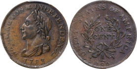 "1783" (ca. 1820) Washington Unity States Cent. Musante GW-104, Baker-1, W-10130. AU-50 (PCGS).
PCGS# 689. NGC ID: 2B6V.