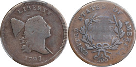1797 Liberty Cap Half Cent. C-2. Rarity-3. Plain Edge. Good-4 (PCGS).
PCGS# 1036. NGC ID: 2228.
