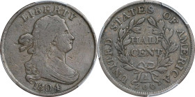 1804 Draped Bust Half Cent. C-11. Rarity-3+. Plain 4, Stems to Wreath. Fine-12 (PCGS).
PCGS# 1066. NGC ID: 222F.