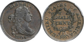 1804 Draped Bust Half Cent. C-13. Rarity-1. Plain 4, Stemless Wreath. AU-55 (PCGS).
PCGS# 1063. NGC ID: 222F.
