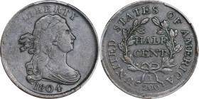 1804 Draped Bust Half Cent. C-13. Rarity-1. Plain 4, Stemless Wreath. EF-45 (PCGS).
PCGS# 1063. NGC ID: 222F.