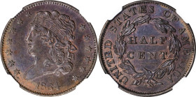 1834 Classic Head Half Cent. C-1, the only known dies. Rarity-1. MS-63 BN (NGC).
PCGS# 35285. NGC ID: 2232.