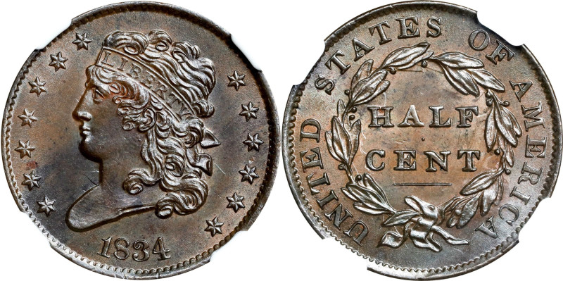 1834 Classic Head Half Cent. C-1, the only known dies. Rarity-1. MS-63 BN (NGC)....