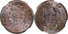 1835 Classic Head Half Cent. C-1. Rarity-1. MS-62 BN (NGC).
PCGS# 1168. NGC ID: 2233.