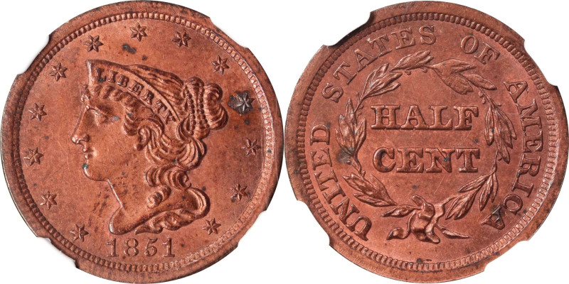 1851 Braided Hair Half Cent. C-1, the only known dies. Rarity-1. MS-63 BN (NGC)....