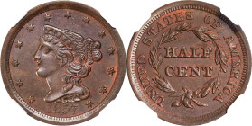 1857 Braided Hair Half Cent. C-1, the only known dies. Rarity-2. MS-62 BN (NGC).
PCGS# 1239. NGC ID: 26Z3.