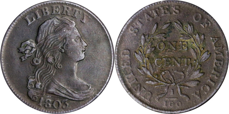 1803 Draped Bust Cent. S-256. Rarity-3. Small Date, Small Fraction. EF-40 Detail...