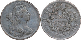 1803 Draped Bust Cent. S-258. Rarity-1. Small Date, Large Fraction. VF-35 (PCGS).
PCGS# 1485. NGC ID: 224G.