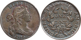 1806 Draped Bust Cent. S-270, B-1, the only known dies. Rarity-1. EF Details--Cleaned (PCGS).
PCGS# 1513. NGC ID: 224L.