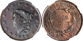 1818 Matron Head Cent. N-10. Rarity-1. MS-62 BN (NGC).
PCGS# 1600. NGC ID: 2253.