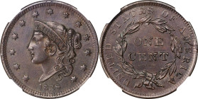 1838 Modified Matron Head Cent. N-10. Rarity-1. MS-62 BN (NGC).
PCGS# 37207. NGC ID: 225V.