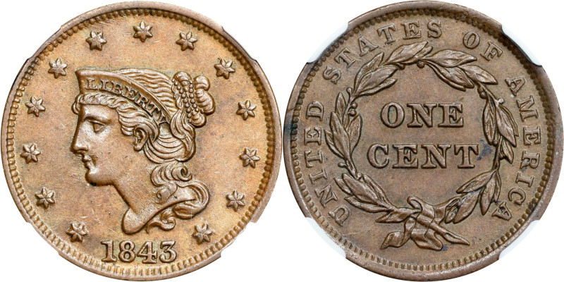 1843 Braided Hair Cent. N-8. Rarity-2. Petite Head, Small Letters. MS-63 BN (NGC...