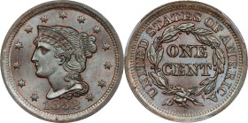 1852 Braided Hair Cent. N-8. Rarity-2. MS-66 BN (PCGS).
PCGS# 1898. NGC ID: 226J.