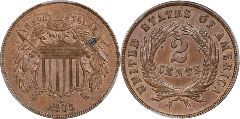 1865 Two-Cent Piece. Plain 5. MS-62 BN (CACG).
PCGS# 38247. NGC ID: 22NA.