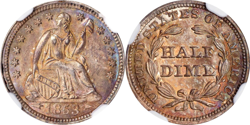 1853 Liberty Seated Half Dime. Arrows. MS-64 (NGC).
PCGS# 4356. NGC ID: 233Y.