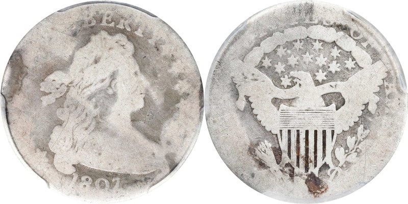 1807 Draped Bust Dime. JR-1, the only known dies. Rarity-1. Fair-2 (PCGS).
PCGS...