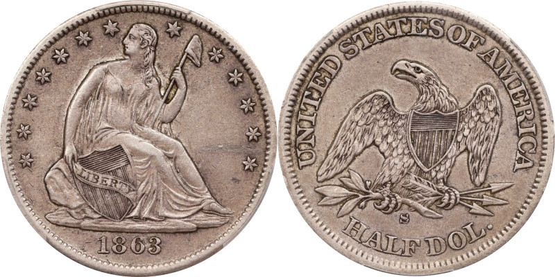 1863-S Liberty Seated Half Dollar. WB-3. Rarity-3. Small Partially Broken S. EF-...