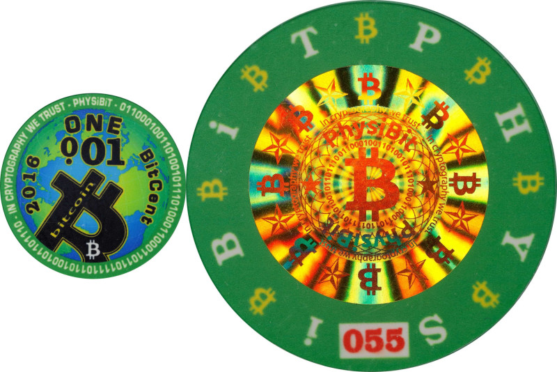 Unfunded Physibit "Poker Chip" 0.01 Bitcoin. Firstbits 1Q1pNpub. Serial No. 55. ...