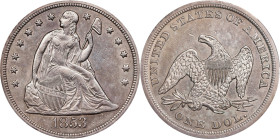 1853 Liberty Seated Silver Dollar. OC-1. Rarity-2. AU Details--Cleaned (PCGS).
PCGS# 6941. NGC ID: 24YS.