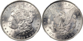 1882-CC Morgan Silver Dollar. MS-60 (NGC).
PCGS# 7134. NGC ID: 2574.
From the Maine Carson City Hoard.
From the Maine Carson City Hoard.