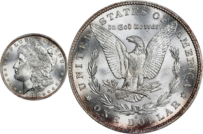 1888-S Morgan Silver Dollar. VAM-13. Hit List 40. Gouged Eagle. MS-64+ (PCGS). C...