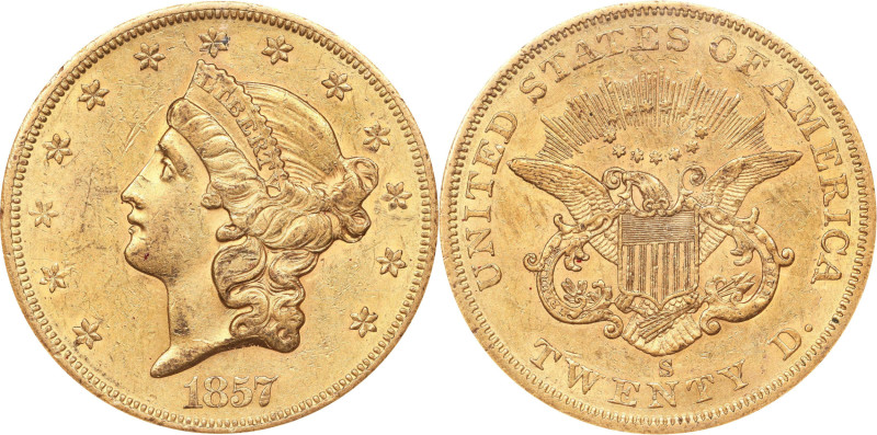 1857-S Liberty Head Double Eagle. AU-55 (NGC).
PCGS# 8922. NGC ID: 2696.