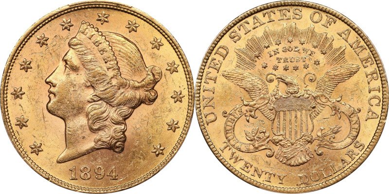 1894 Liberty Head Double Eagle. MS-61 (PCGS).
PCGS# 9025. NGC ID: 26CB.