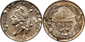 "1861" (1961) Confederate Cent. Bashlow Restrike. Brass (a.k.a. "Goldline"). Breen-8014. MS-65 (PCGS).
PCGS# 527917.