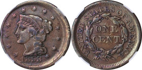 1853 Braided Hair Cent. Obverse Misaligned Die. EF Details--Cleaned (NGC).
From the Barry Harding Collection.