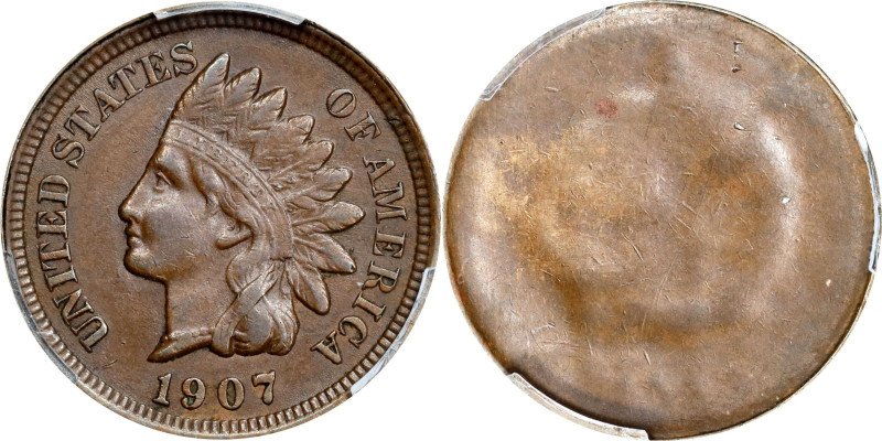 1907 Indian Cent. Uniface, Reverse Struck Through Split Planchet. EF-45 (PCGS)....