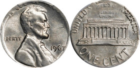 1967 Lincoln Cent. Struck on a Copper-Nickel Clad Dime Planchet. MS-63 (PCGS).
2.27 grams.
From the Barry Harding Collection.