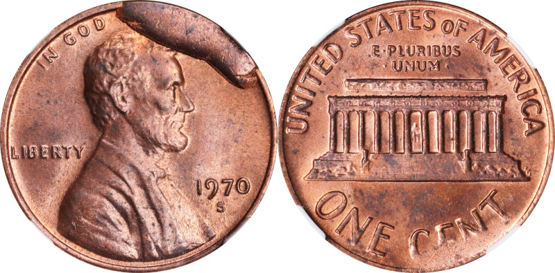 1970-S Lincoln Cent. Large Date. LC-70S-4. Obverse Die Break. MS-64 RB (NGC).
F...