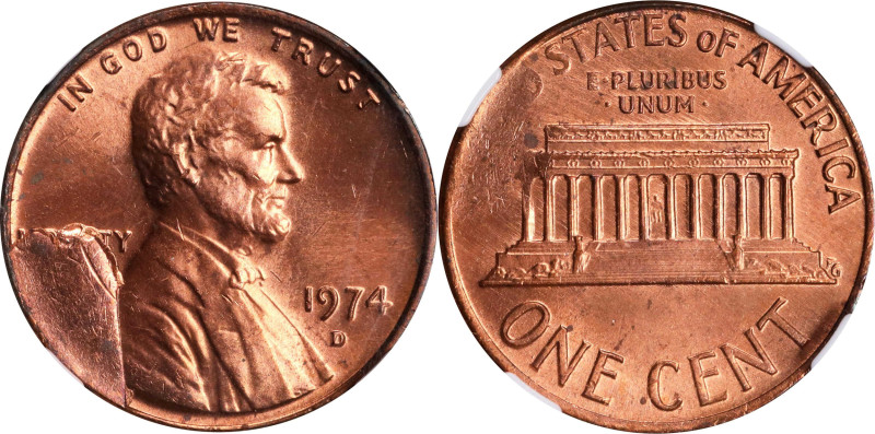 1974-D Lincoln Cent. LC-74D-4B. Obverse Die Break. MS-65 RD (NGC).
From the Bar...