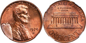 1974-D Lincoln Cent. LC-74D-4B. Obverse Die Break. MS-64 RB (NGC).
From the Barry Harding Collection.