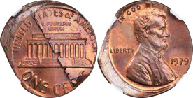 1979 Lincoln Cent. Struck Off Center with Reverse Lamination & Ragged Clip. MS-64 RB (NGC).
From the Barry Harding Collection.